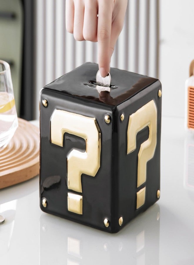 Yundu Ceramic Piggy Bank for Adults & Kids - Square Money Box for Cash Saving, Coin Bank with Golden Question Mark Design for Boys & Girls (Black Color) - Image 5